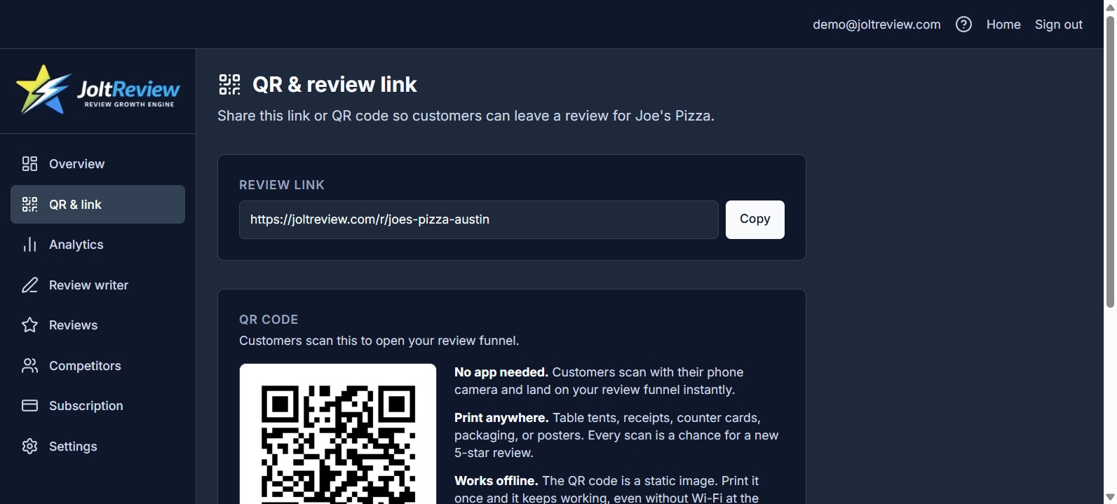 JoltReview QR code and review link page with copy button and SMS sending