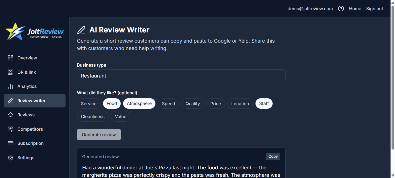 JoltReview AI Review Writer with business type, highlight tags, and a generated review ready to copy