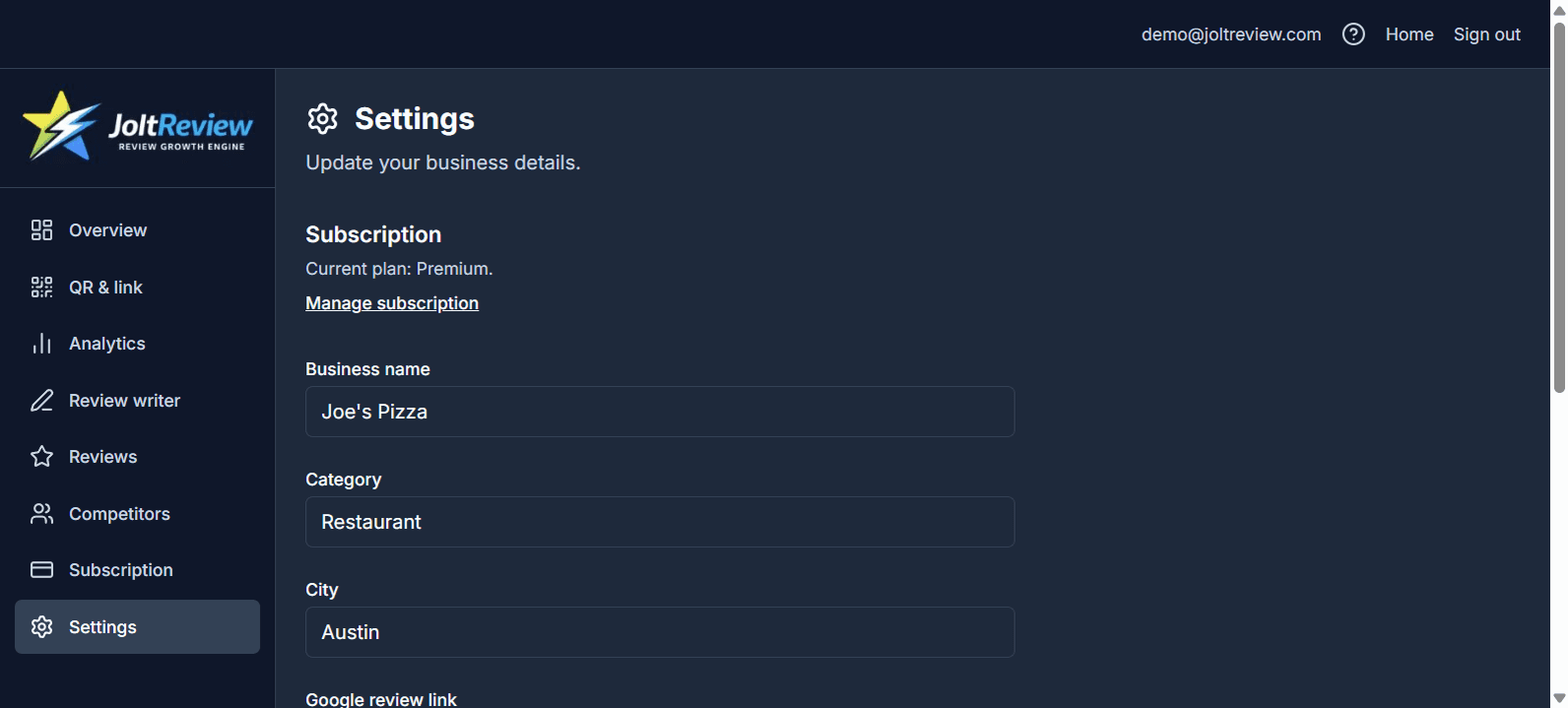 JoltReview settings page with business name, category, city, and Google review link fields